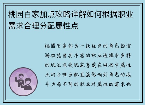 桃园百家加点攻略详解如何根据职业需求合理分配属性点