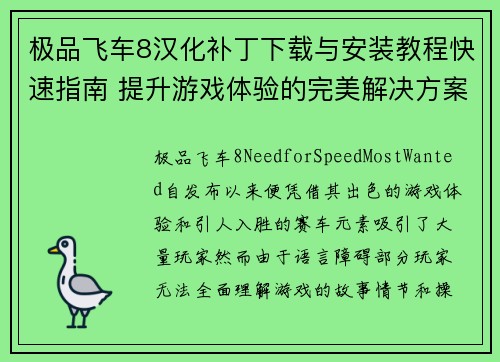 极品飞车8汉化补丁下载与安装教程快速指南 提升游戏体验的完美解决方案